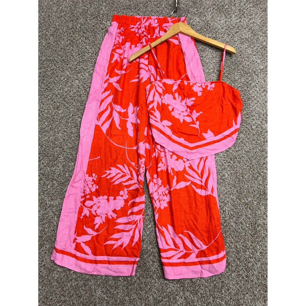 Sienna Sky Pink Orange Floral Two Piece Set Wide Leg Pants Crop Top Medium